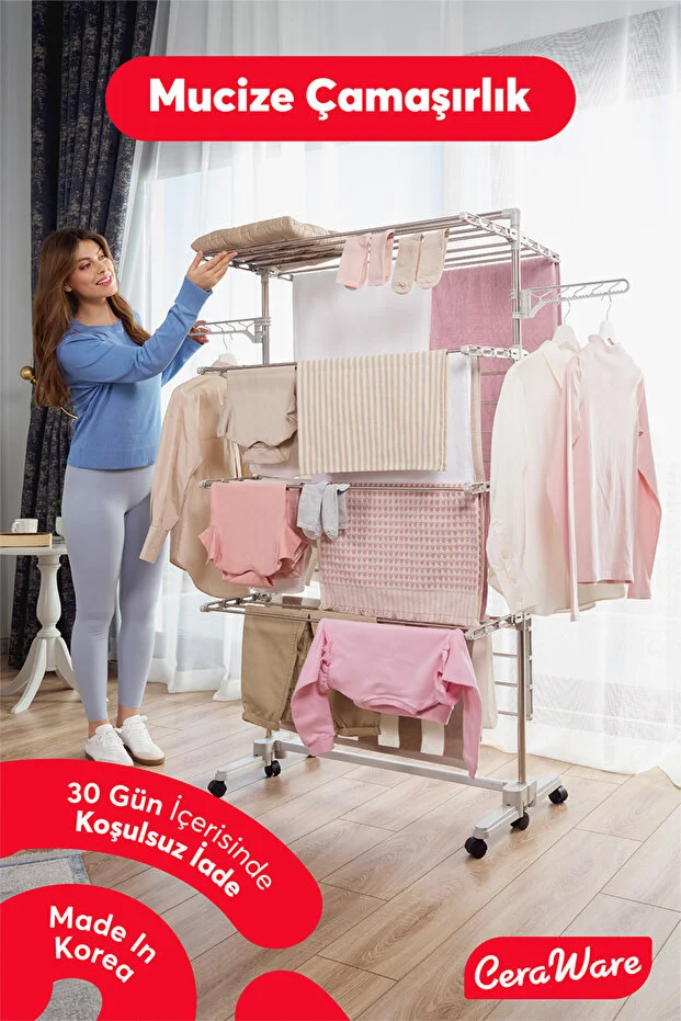 Home S4 Premium 4 Katlı Çamaşırlık Made in Korea Tam Katlanır Tekerlekli Çamaşır Kurutmalık